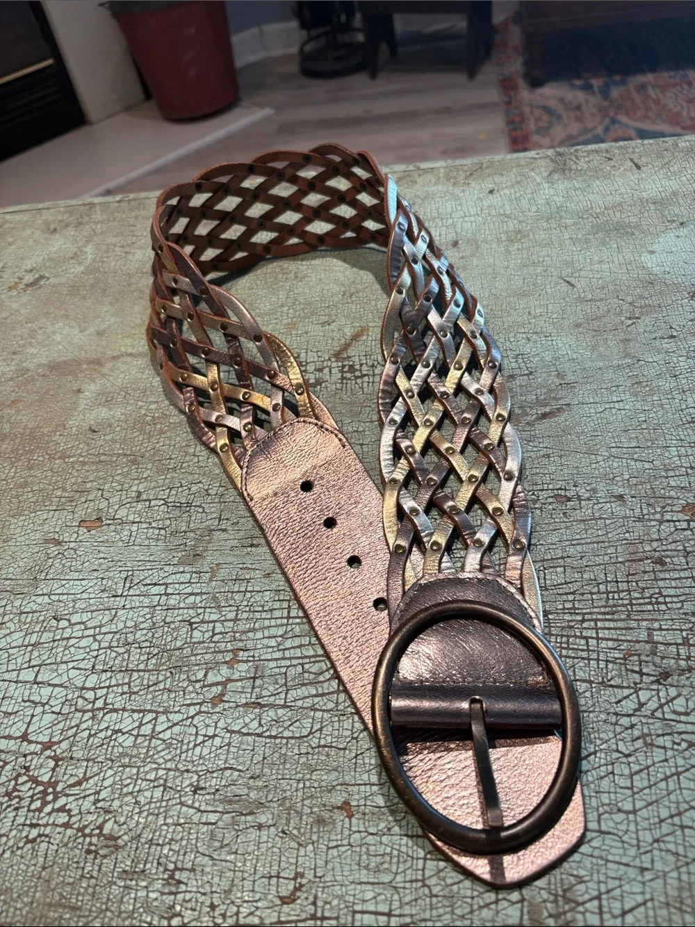 Fossil Genuine Leather Metallic Rose Gold Braided Wide Belt Size S